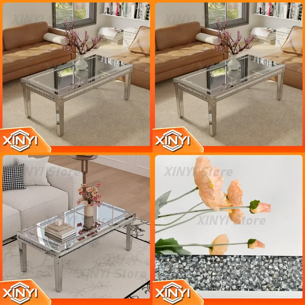 Luxury Rectangular Crushed Diamond Mirrored Coffee Table for Modern Living Room Sofa Set Decor Silver Glam Accent Furniture
