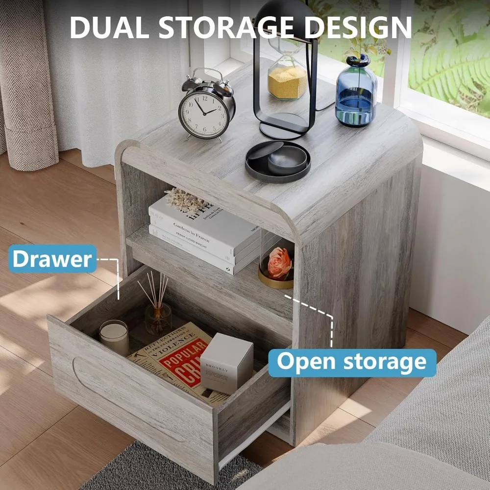 طقم منضدة رمادية مكونة من 2، منضدة مع أدراج، منضدة حديثة مقاس 22 بوصة، طاولة جانبية للسرير، حامل بجانب السرير كبير، طاولة نهاية واسعة مقاس 18 بوصة #4