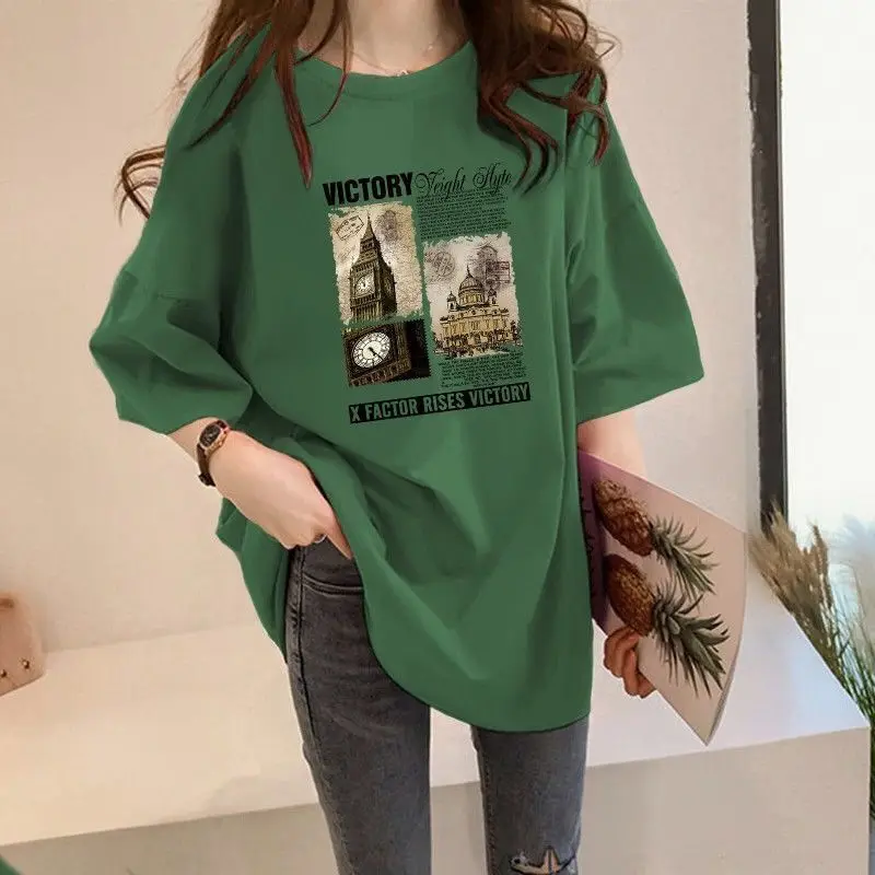 European American Building Print Cotton Short Sleeved T-shirt for Women Summer New Korean Version Loose Medium Length Trendy Top