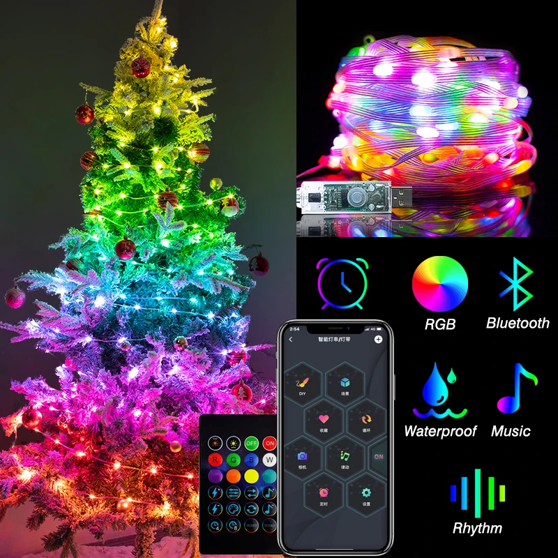 30M Smart Led Christmas Light String IP65 App Bluetooth Control Rgb Color Changing Fairy Lights Usb Powered Christmas Tree Decor