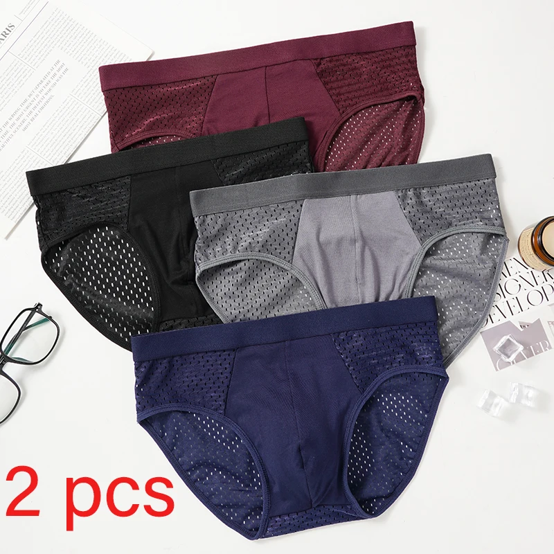 

2 Pcs/Lot Men's Bamboo Mesh Breathable Briefs Underwear Hombre Hole Large Size Male Shorts Lingerie Underpants Sexy Panties