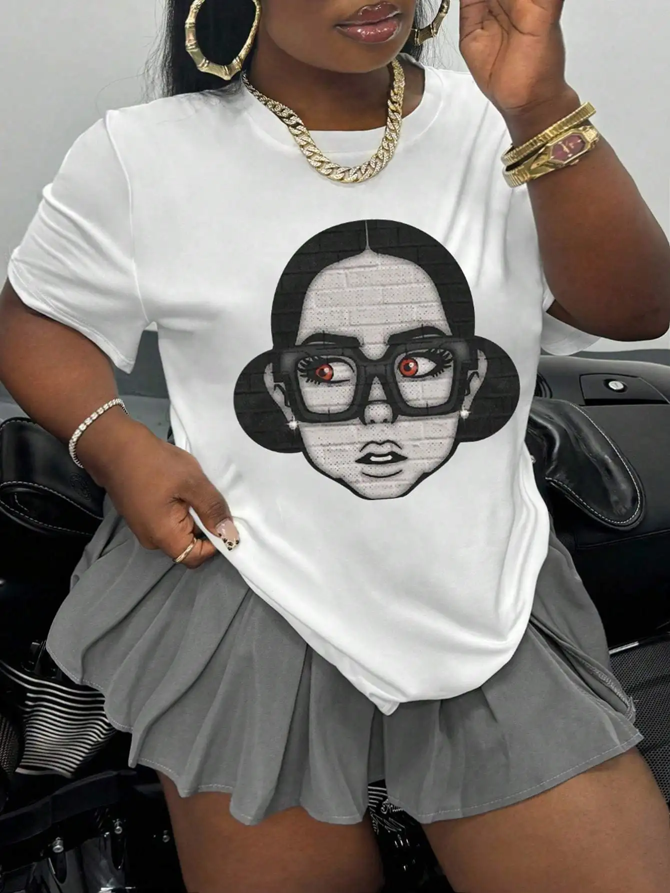 T-shirt - Zwart-wit portretprint, casual ronde hals, zacht grafisch T-shirt, wasbaar in de machine, grote maten blouses