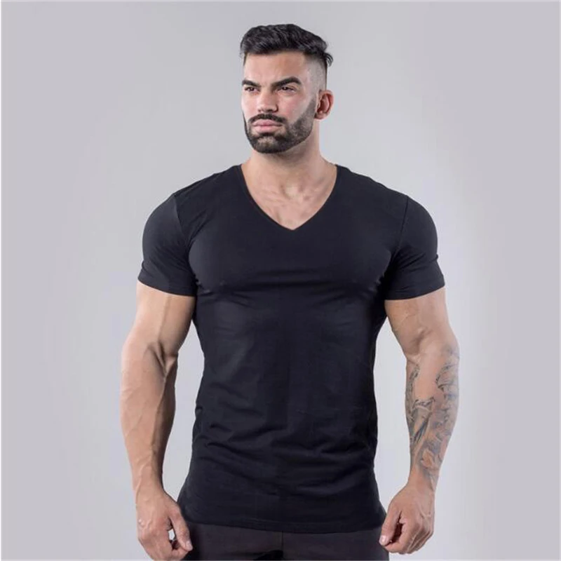 Plain Cotton Gym T-shirt Men Summer Fitness Clothing V-Neck Short Sleeve T shirt Slim Fit Tshirt Bodybuilding Workout Tees Tops