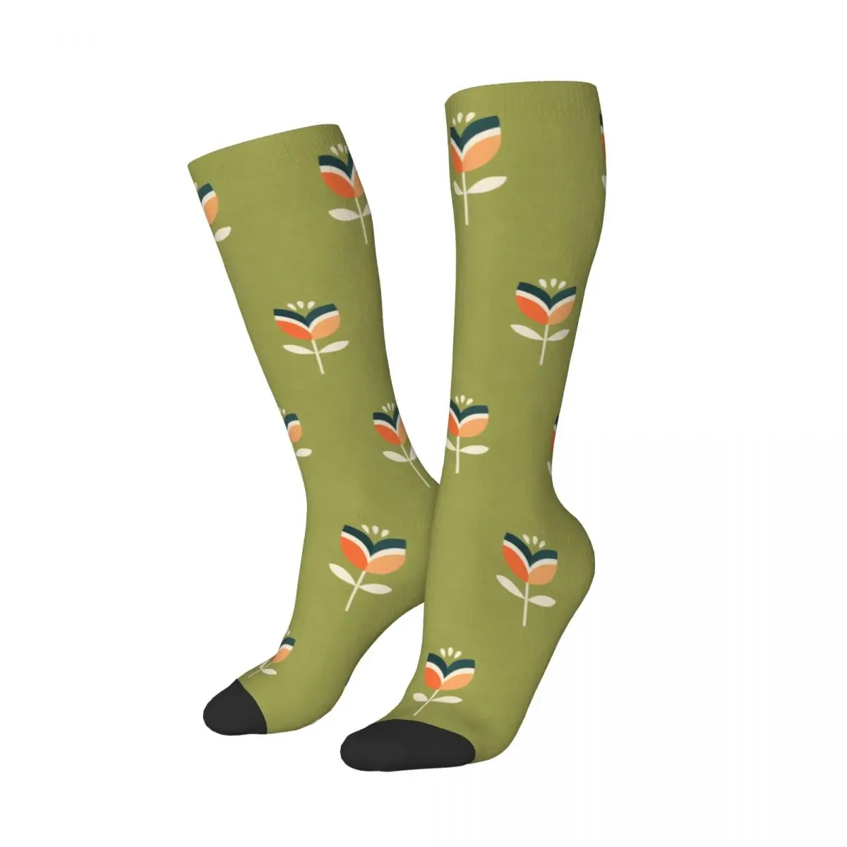 Retro Tulip Orange And Olive Green Socks Harajuku High Quality Stockings All Season Long Socks for Unisex Birthday Present