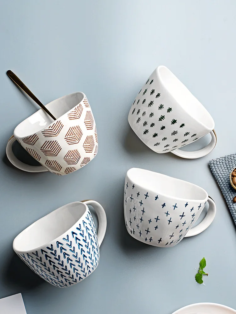

Retro Personalized Hand Painted Mugs Handgrip Ceramic Geometry Coffee400ml Cups Irregular Shape Nordic Home Decor Gifts