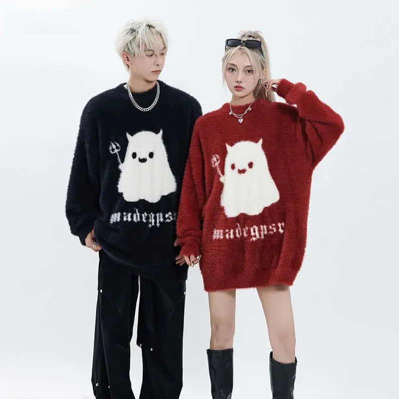 Men Women Couples Fall Winter Tops Sweaters Knitwear Cartoon Crew Neck Loose Fit New Arrivals Minimalist Comfortable Fashionable