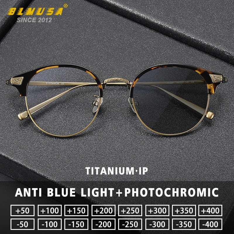 BLMESA Men Designer Pure Titanium Acetate Frame Retro Anti Blue Ray Photochromic Myopia Eyewear Customized Prescription Glasses