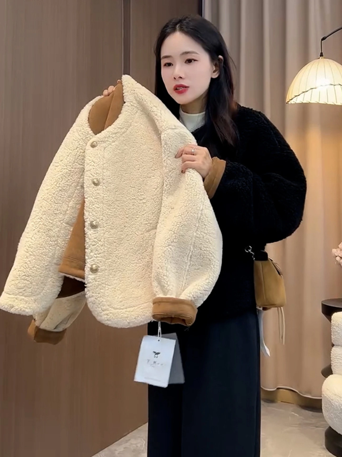 معطف أنيق من فرو الخروف للنساء، معطف كاجوال دافئ جديد لفصلي الخريف والشتاء، ياقة مستديرة وأكمام طويلة للسيدات