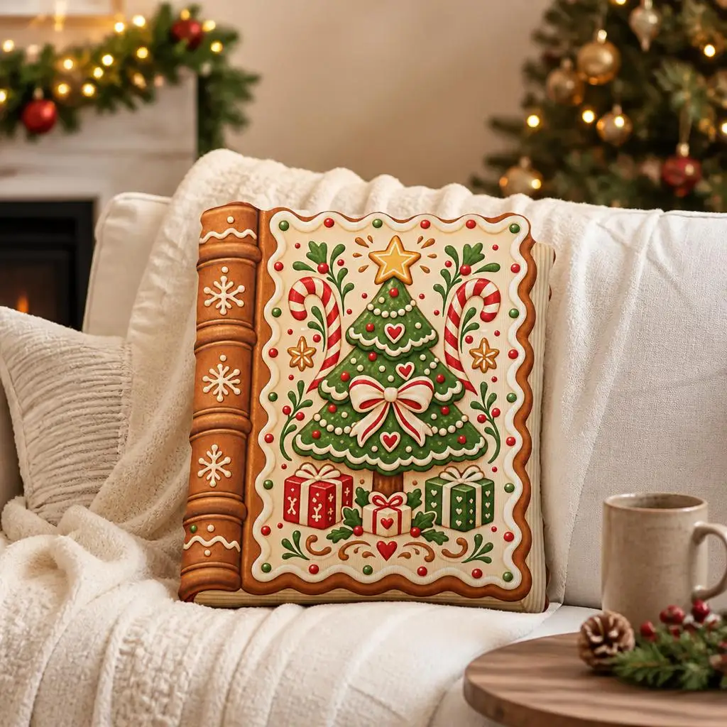 Christmas Gingerbread Tree Book Shaped Plush Pillow Candy Cane Cookie Throw Cushion Stuffed Holiday Home Decor Baking