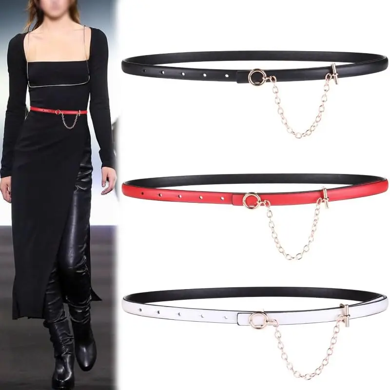 Luxury Women slim Belt with Round Buckle Metal Chain Genuine Leather Waist Belt Chain Black Decorative for Jeans Skirt Adjust