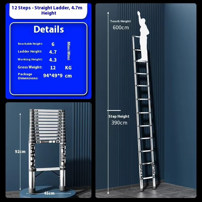Portable telescopic straight ladder, thickened stainless steel telescopic ladder, anti slip foot, widened anti slip pedal