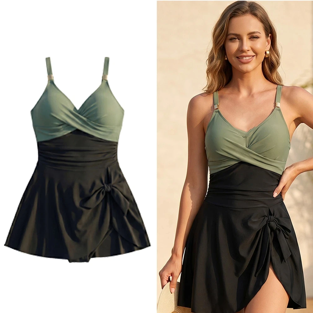 Fashion Slim Fit Women's Swimming Suit Pleated Sleeveless Skirt Swimsuit Beachwear Clothing V-Neck Summer Swimwear Vacation
