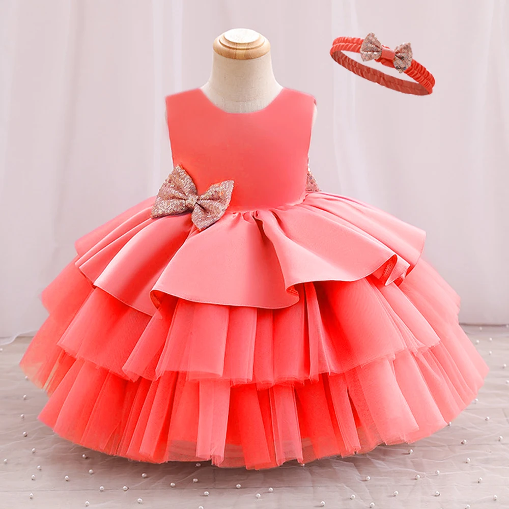 2024 New Summer Big Bow Dress per neonate Tulle Cute Sequin Kid Birthday Princess Party Dress Solid Elegant Wedding Clothes