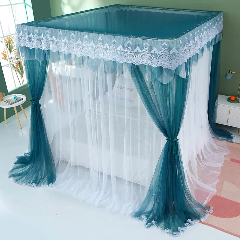 Embroidery Lace Pleated Mosquito Net for Bed Square Romantic Princess Bed Net Canopy Luxury 2 Layers Tent Mesh