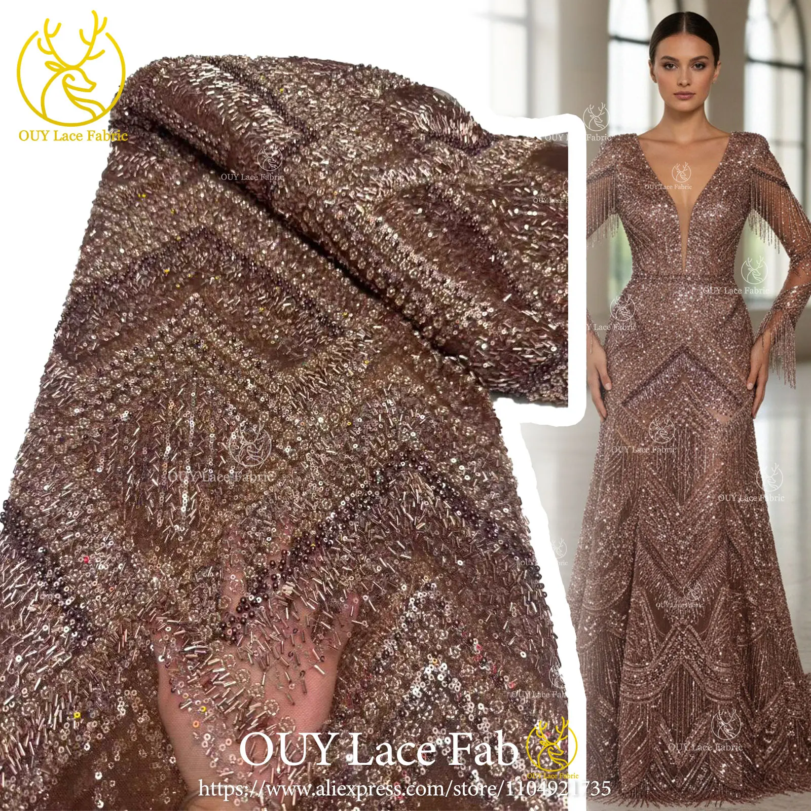 

African Beaded Lace Fabric 2026 High-Quality Nigerian Tulle Mesh Sequined Lace Fabric Suitable for Sewing Women's Garments