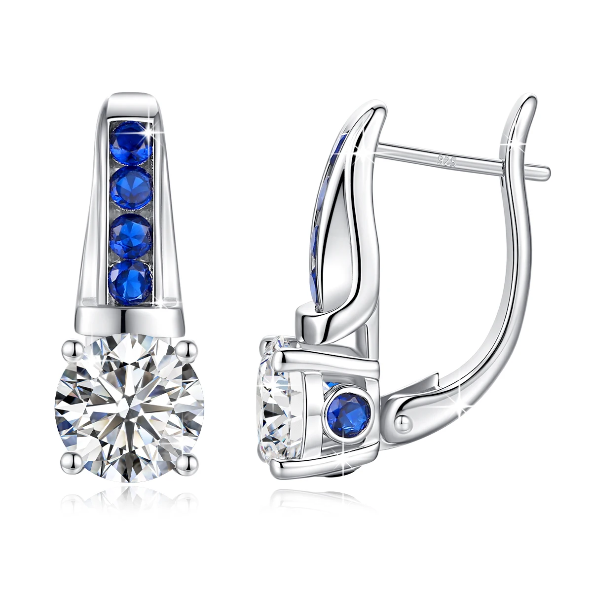 

925 Silver 2ct Round Moissanite Lock Clip Earrings for Women Blue Corundum Piercing Earring Jewelry Wedding Party Gift