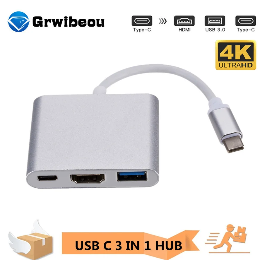 

3 in 1 Type C To HDMI-compatible USB 3.0 Charging Adapter USB-C 3.1 Hub for Mac Air Pro Huawei Mate10 Samsung S8 Plus