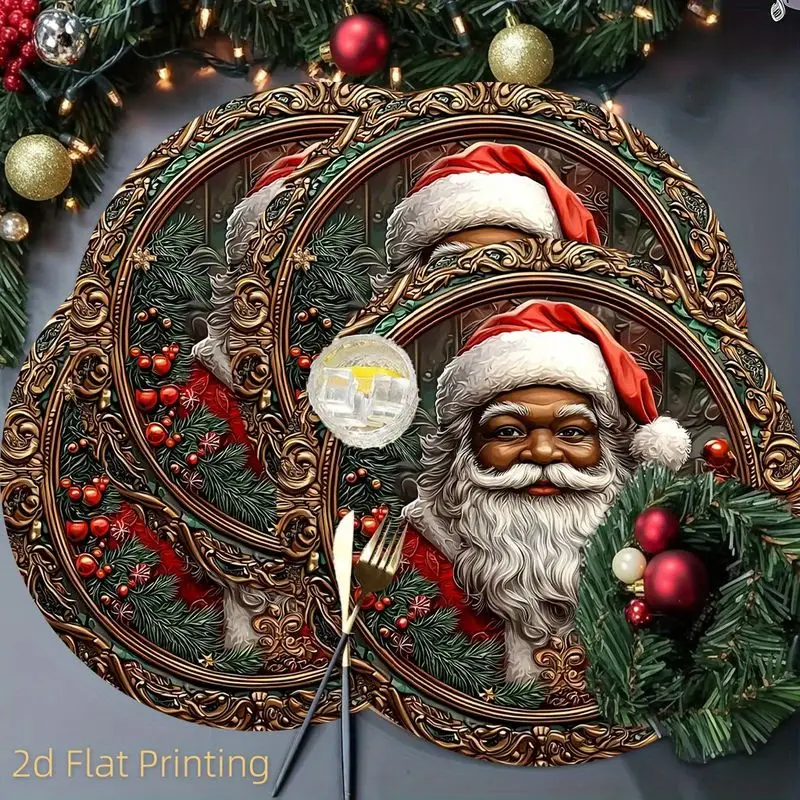VIKAMA Christmas Placemats Santa Bell Holly Scene Linen Table Mats Set Dining Xmas Table Setting Home Decor