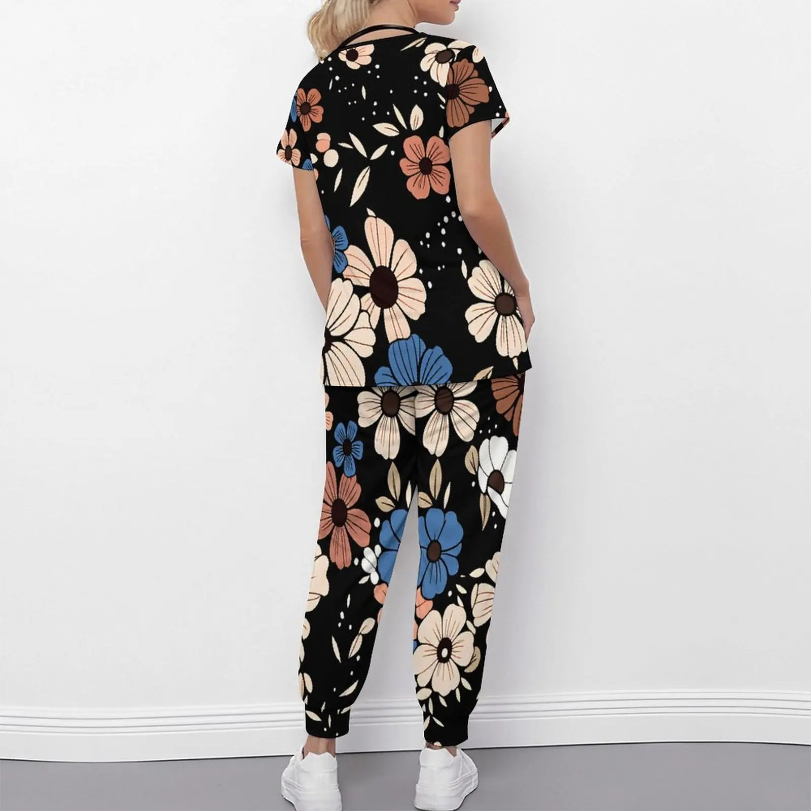 Plus Size Fashion Print Two Piece Set for Women Exercise V-Neck T-shirt Casual Commuting Jogging Pants