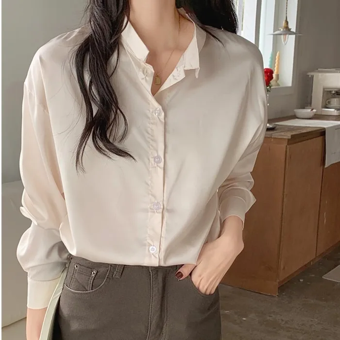 

Silk Long Sve irt Dra Feeling irt Women's Premium Faion Pure Color Button Polyester Fiber 00% Autumn Season