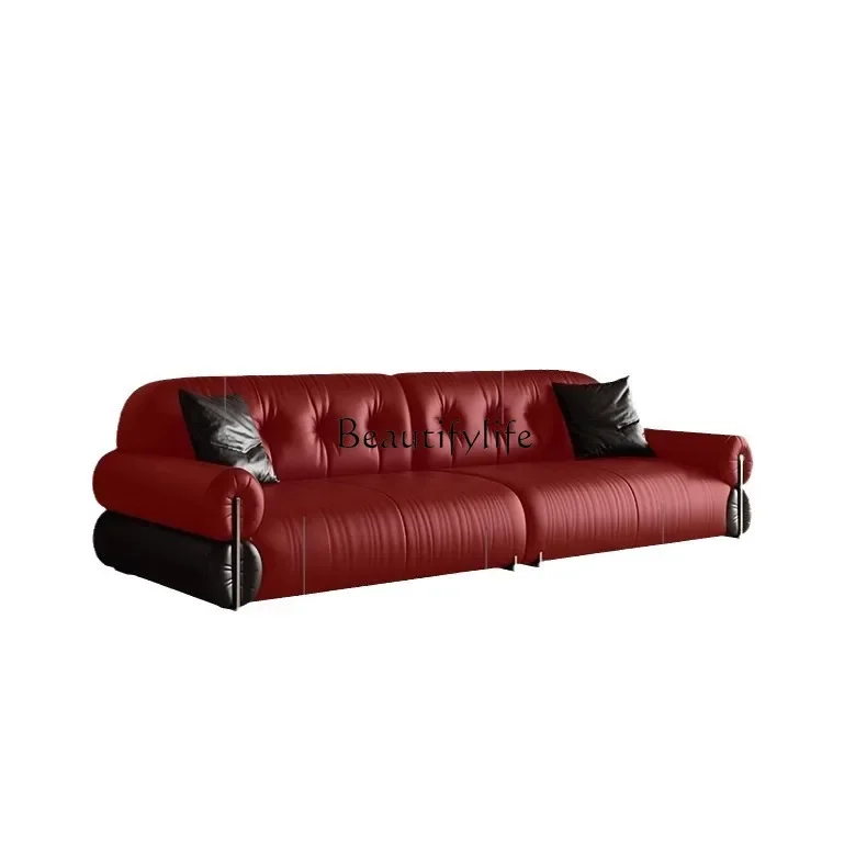 LJYFrench retro high-footed sofa living room three-person straight row first-layer cowhide sofa