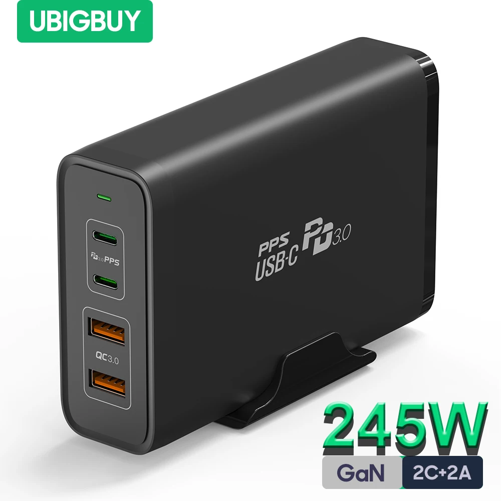 Ubigbuy 245W USB C Charger Station, GaN Pro 4 Ports [2USB-C 100W+ 2USB-A 22.5W] Type C Charger Super Fast Charging Power Adapter