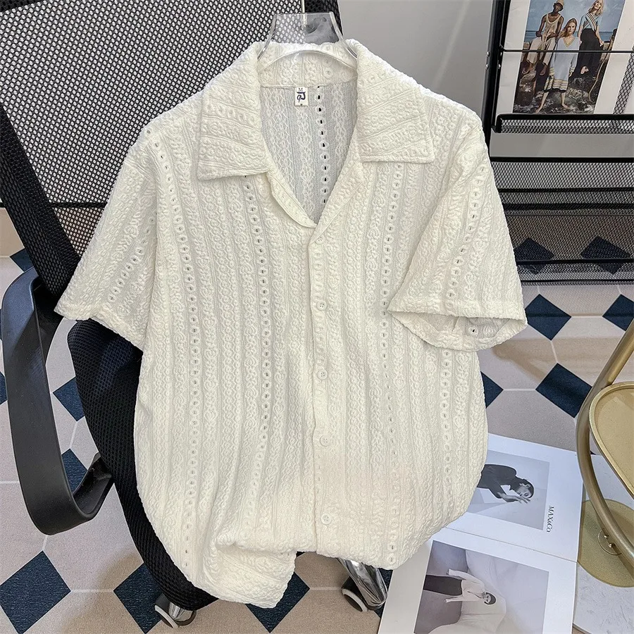 Men's Summer Lightweight Breathable Hollow Lace Short-sleeve Shirt Turn Collar Casual Loose Shirts And Blouses
