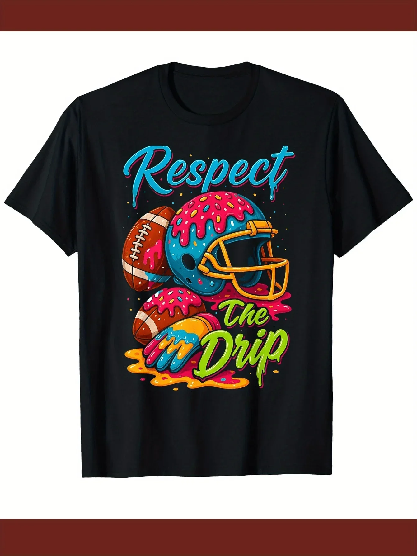 Men' S And Women' S Dignified Soccer Graphic T-Shirt - Featuring Colorful Dripping Text And Soccer Helmet Design, Breathable And