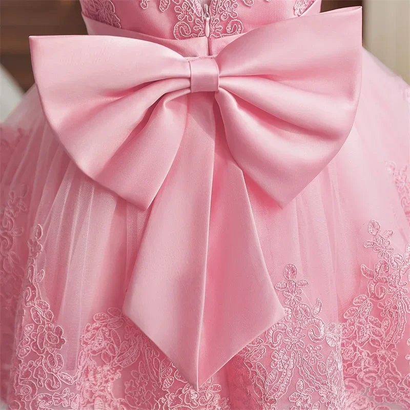 1st Birthday Party Dress for Baby Girls Pink Princess Backless Embroidery Big Bow Wedding Tutu Gown Girls Baptism Formal Costume