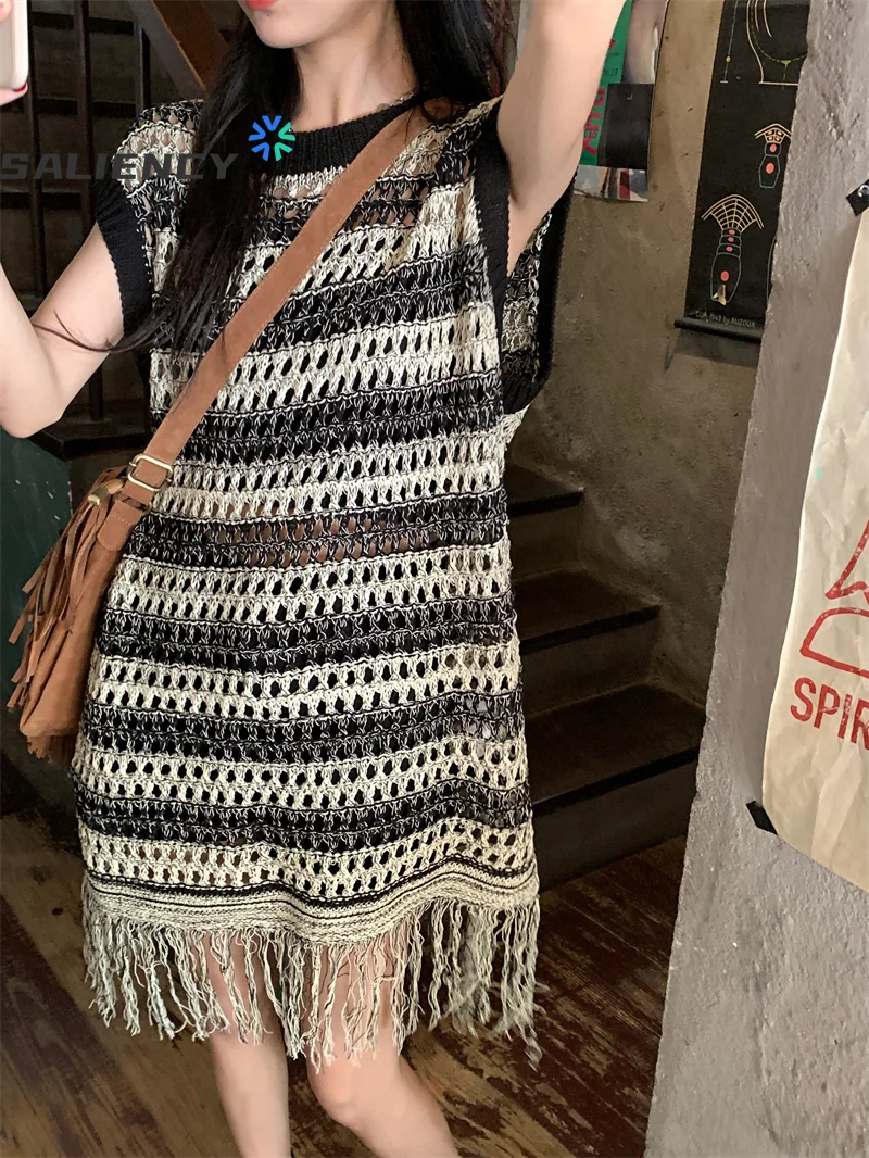 Vintage Striped Knit Dress Women Spring 2024 Design Fringe Loose Short Skirt