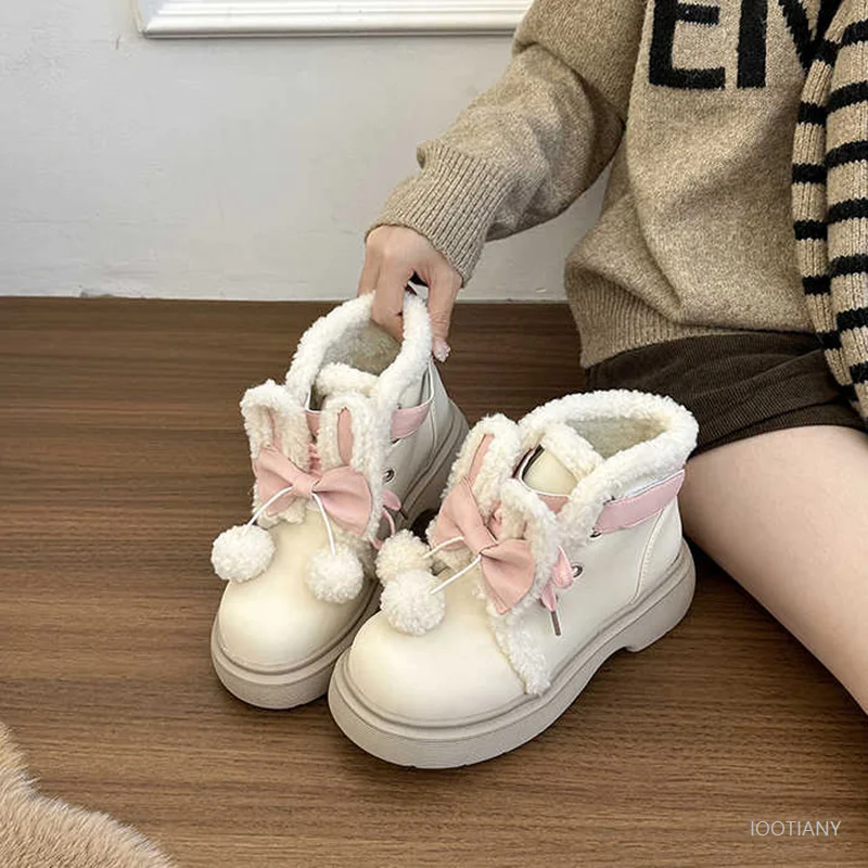 لوليتا على غرار الشتاء منتصف العجل الثلوج الأحذية ل تأثيري لطيف تلميذة القوس آذان أرنب أفخم الدافئة شقة وحيد أحذية بكعب سميك 2026 #5