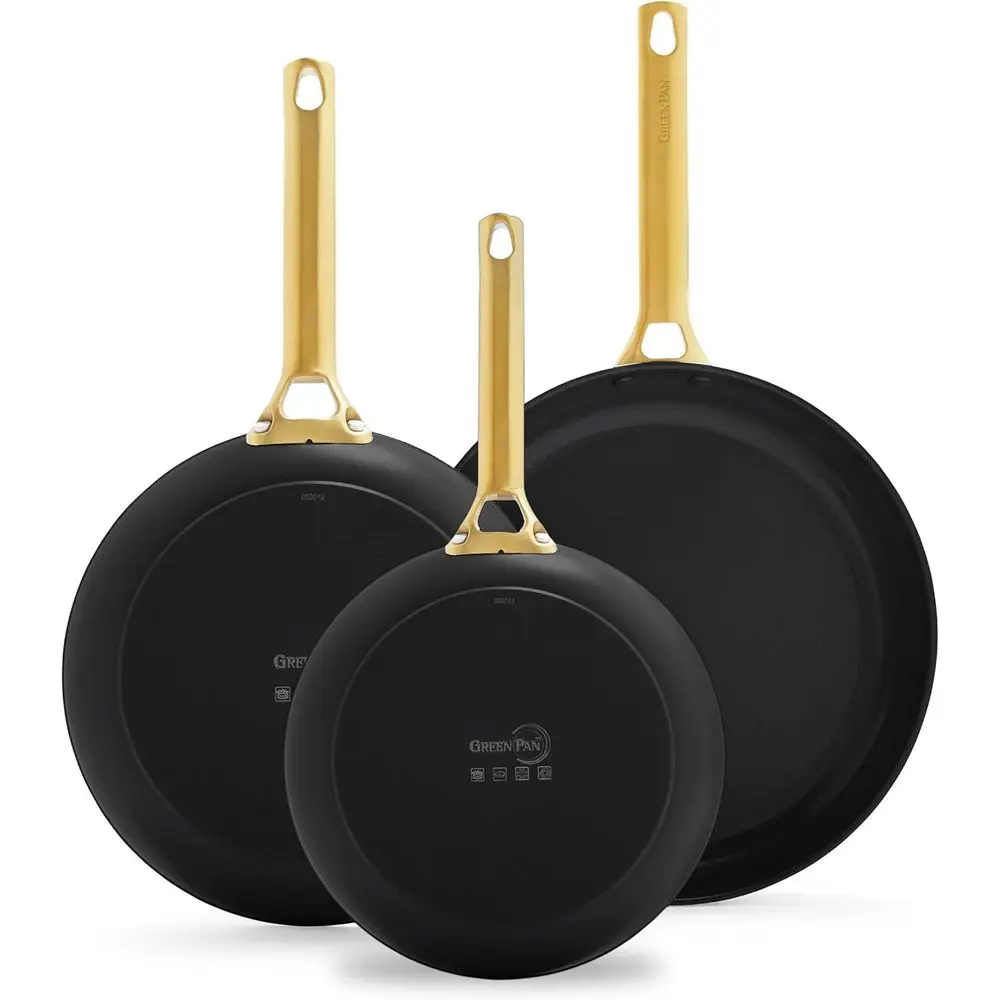 

Anodized Healthy Ceramic Nonstick, 8 10 and 12 3 Piece Frying Pan Skillet Set, Gold Handle, PFAS-Free, Dishwasher Safe, Oven Saf