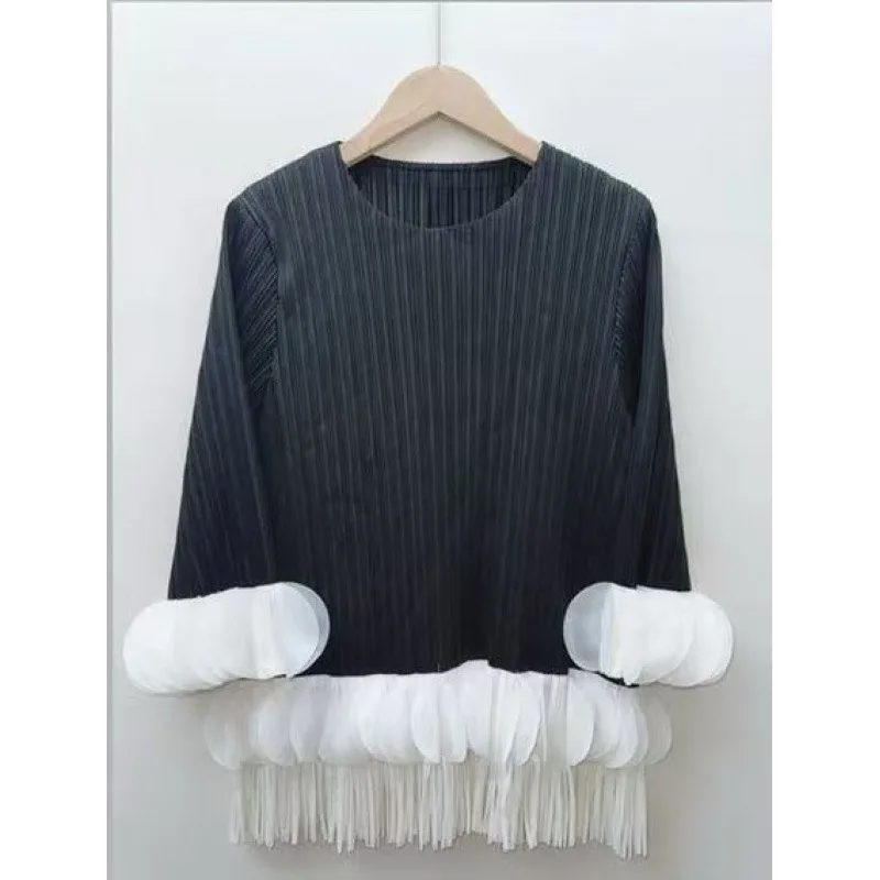 T-shirt coupe cintrée pour femme, avec motif de couleur plissée et bordure en dentelle, décoration 3D, haut à franges, Long, Sve Dr, automne