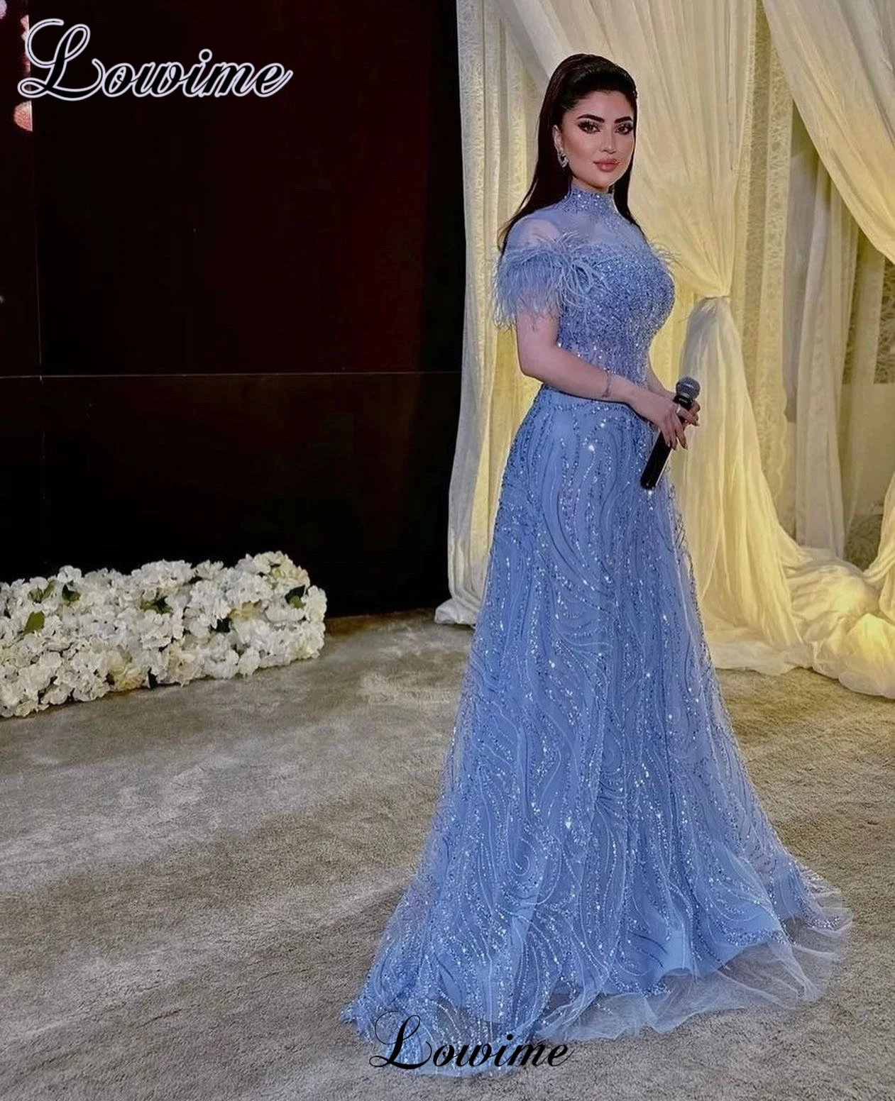 Arabic Blue Evening Dresses Elegant High Neck Short Sleeves Performance Dresses For Women Vestidos De Fiesta Prom Party Dresses