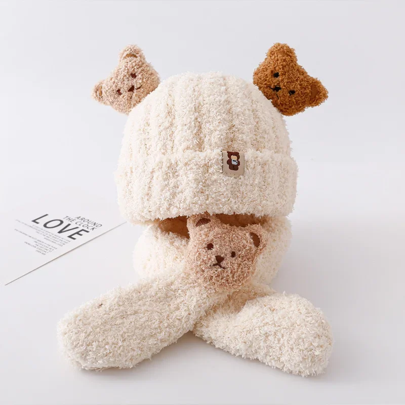 2Pcs Newborn Baby Stuff Cartoon Bear Hat for Girls Boys Scarf Thicken Cap Winter Hat for Kids Children Hat Plus Fleece Kids Caps