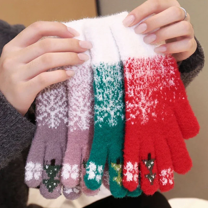 Winter Thick Cashmere Gloves Christmas Tree Knit Warm Mittens Full Finger Skiing Gloves Touchscreen Two Layer Plush Xmas Gloves