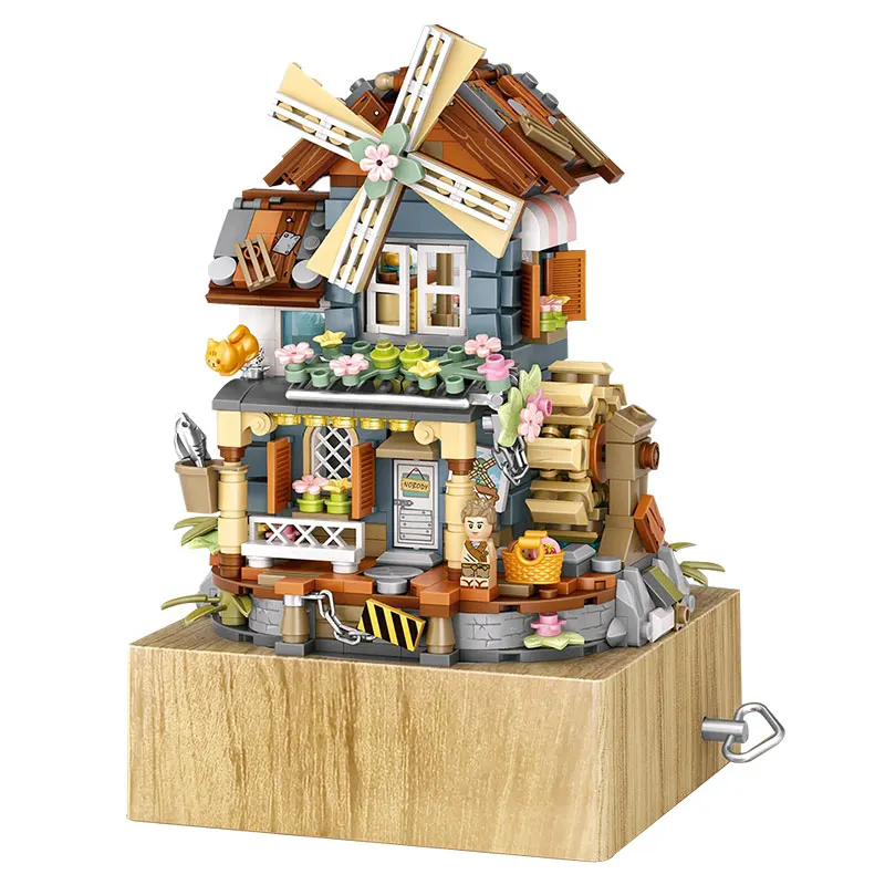 LOZ classical windmill house music box music box small particles assembled building blocks toy national tide puzzle model