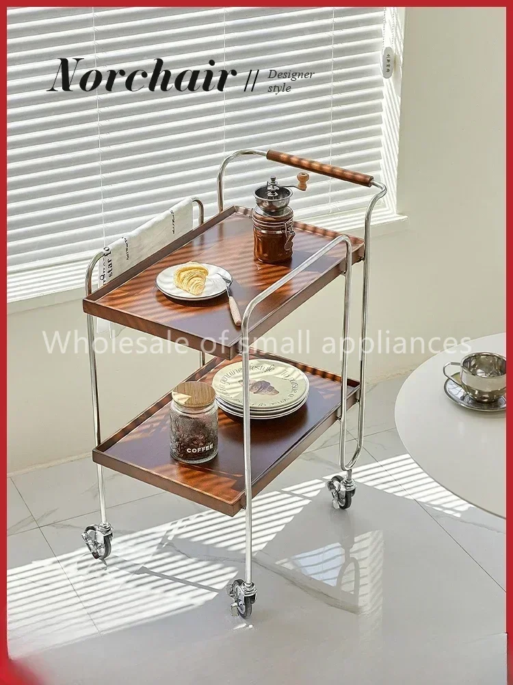 

Nordic cherry wood side table solid wood dining cart retro mobile trolley internet celebrity living room storage coffee table