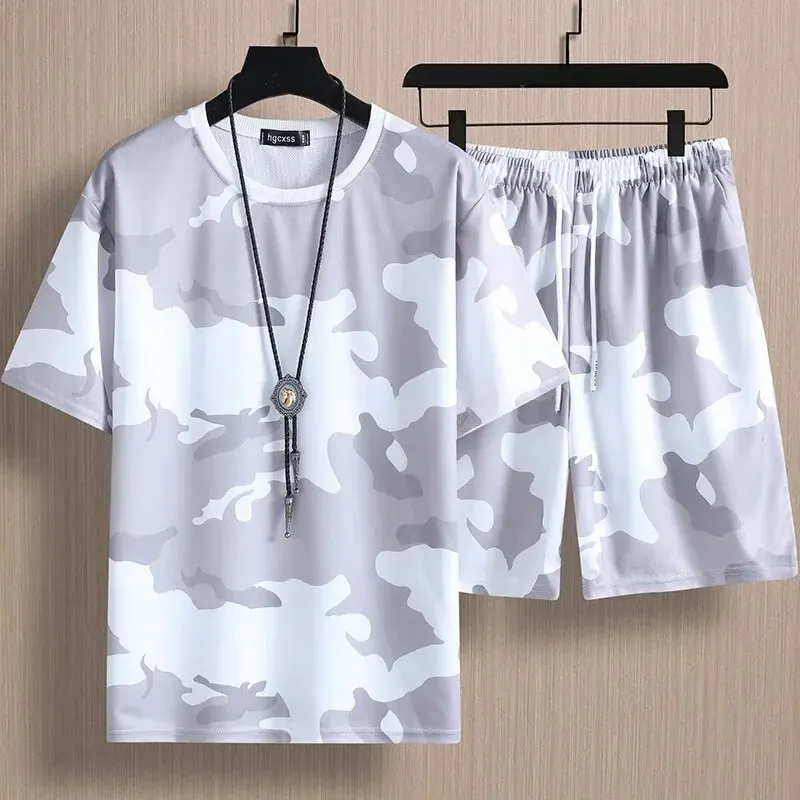 Men's Summer Casual Camouflage Sports Short Sleeve Quick-dry O-neck T-shirt+Shorts Two-Piece Running Fitness Boutique Clothing