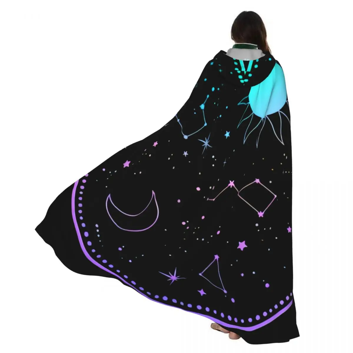 

Mystical Composition With Moon And Sun Hooded Cloak Coat Halloween Cosplay Costume Vampire Devil Wizard Cape Gown Party