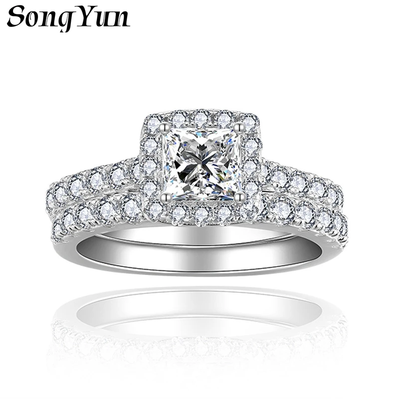 SONGYUN Moissanite Diamond Jewelry 0.8ct Princess Cut Moissanite Hot Selling Double Layer Engagement Ring Set for Women