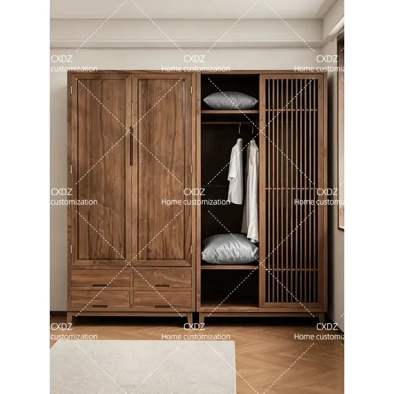New Chinese Style Solid Wood Walnut Color Bedroom Wardrobe Zen Modern Simple Log Double Door Home Furniture Storage Cabinet