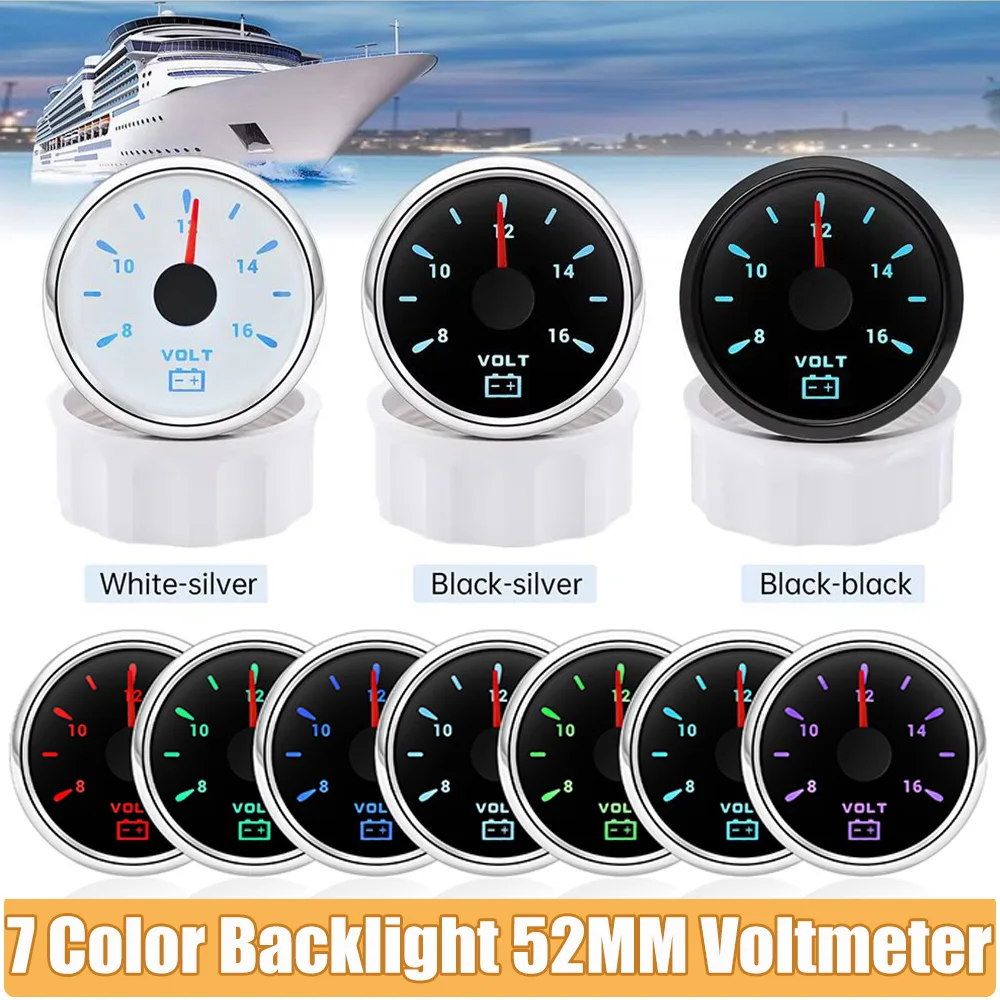Universal 7-Color LED Backlight 52mm Digital Voltmeter For 12V Vehicles Car Boat Marine IP67 Waterproof Volt Gauge 8-16V Meter