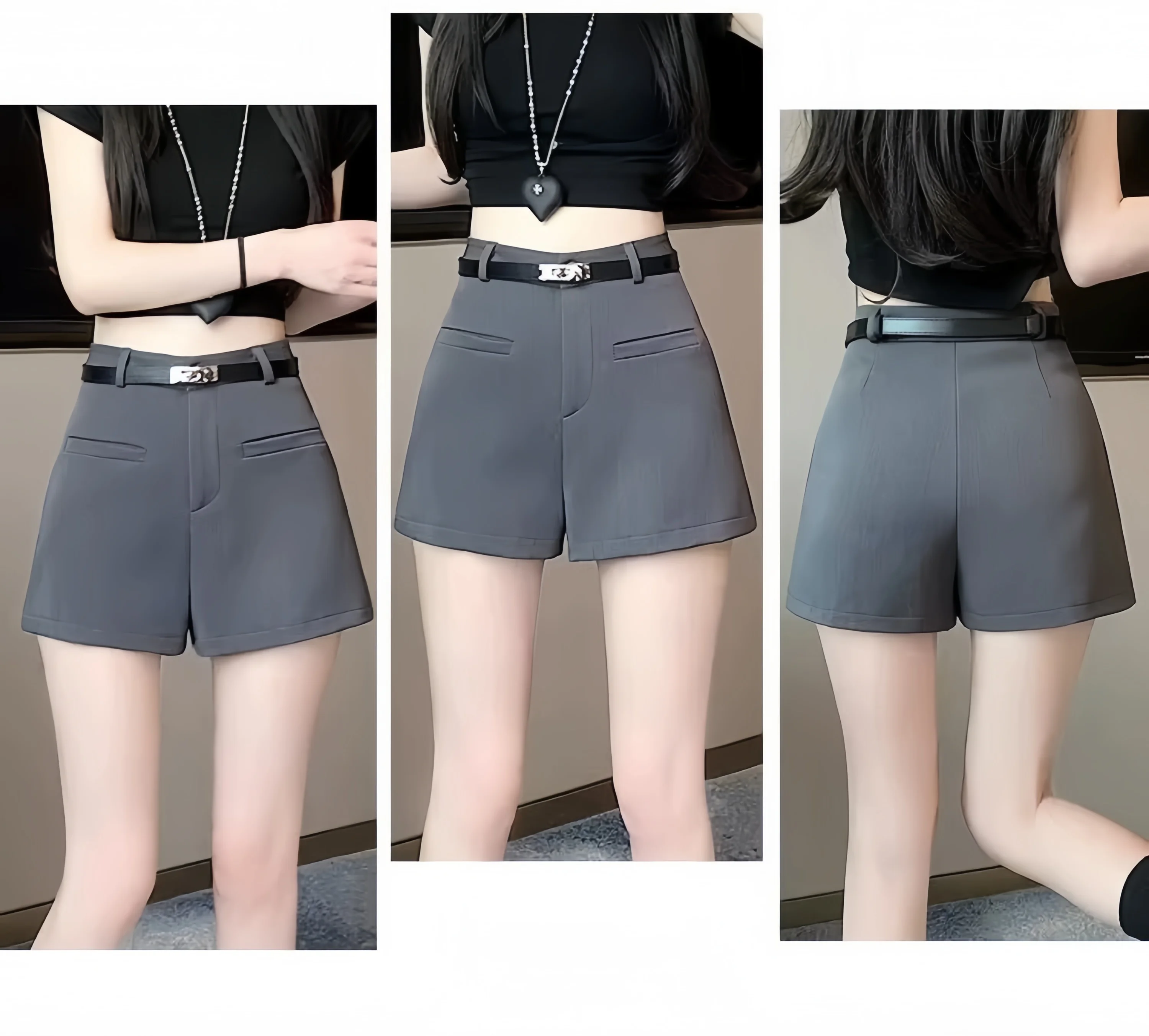 Anzugshorts, Stiefelhosen, Damen-Sommerhosen mit hoher Taille, lockere Passform, figurformend, weites Bein, „Spicy Girl“-Stil, A-Linien-Shorts, für kleinere Statur. – Detail 3