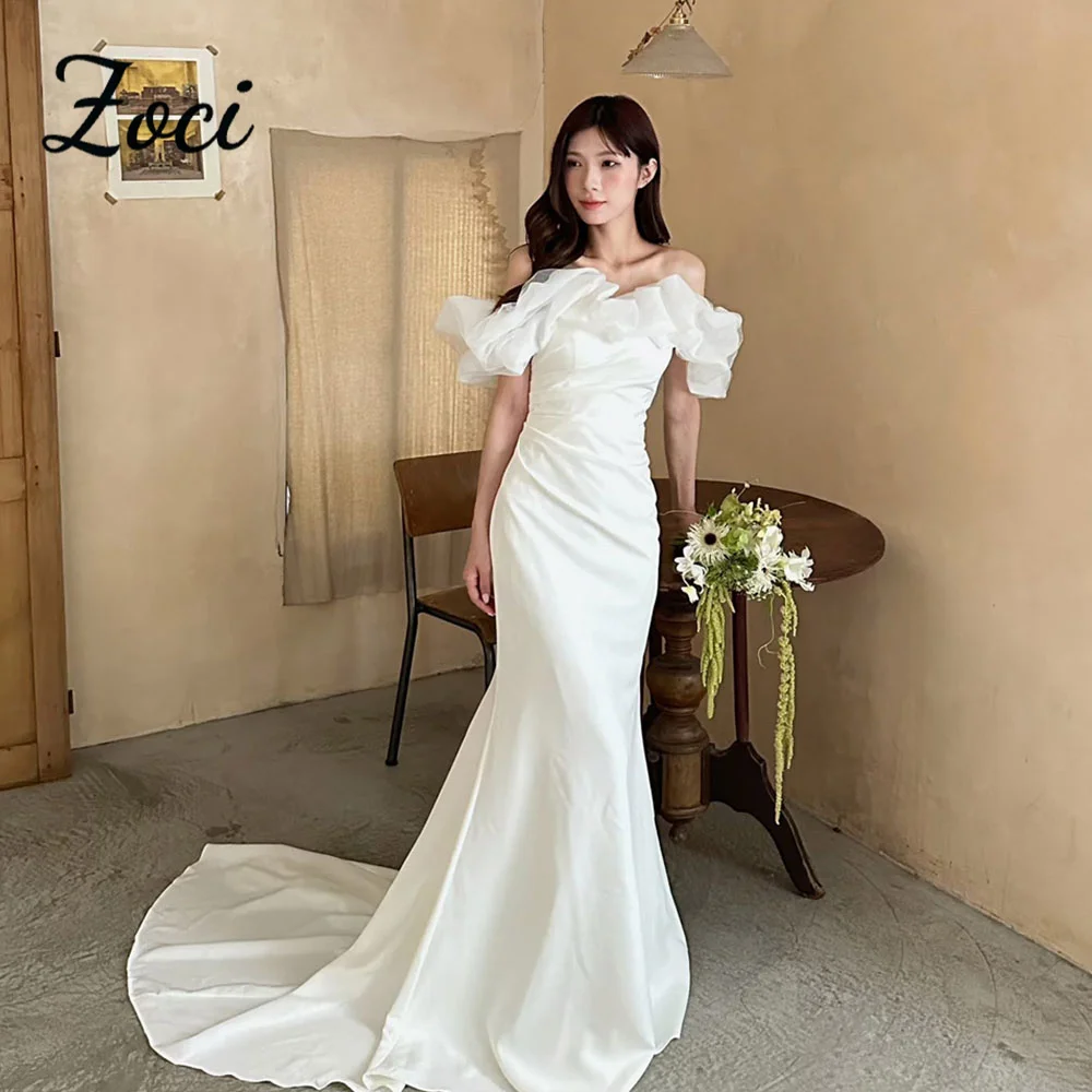 

Zoci Elegant Mermaid Wedding Dresses Off the Shoulder Pleat Court Train Bridal Gown Custom Made Reception Dresses Evening Dress