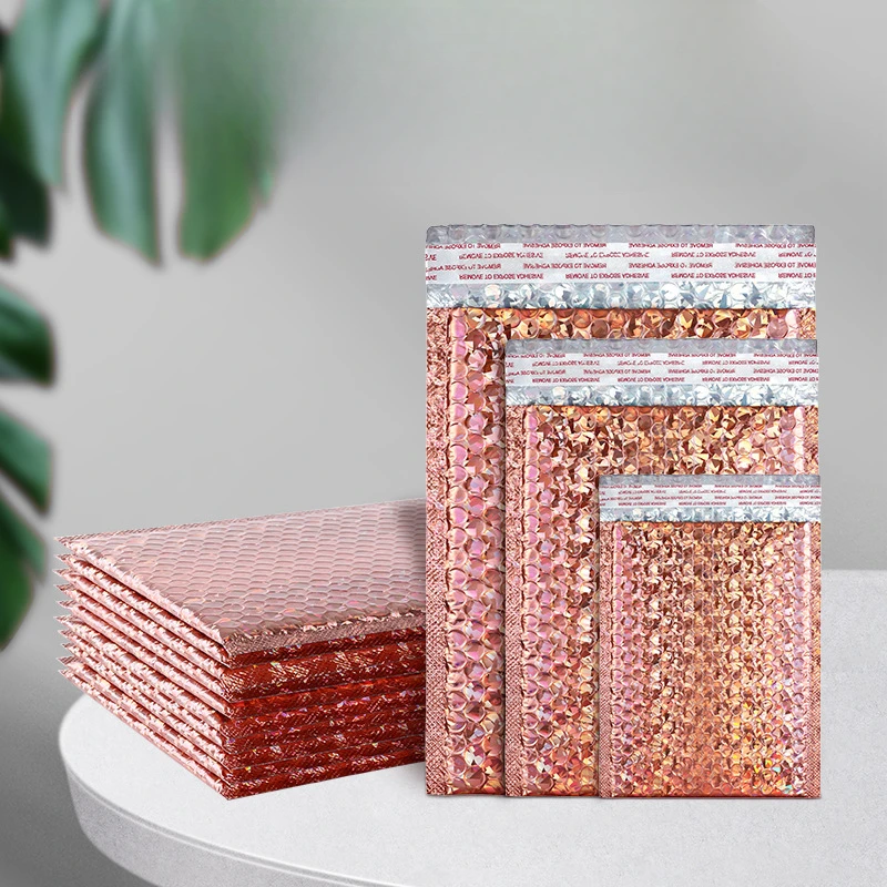 10 Pcs Holographic Packaging Supplies Rose Red Bubble Mailer Laser Shipping Bags Packing Bag Delivery Package Envelope Mailing