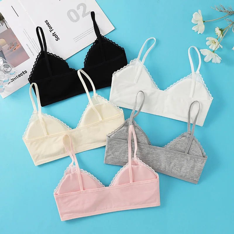 1PC Teen Girls Triangle Cup Training Bra Wireless Lace Trim Solid Color Thin Cotton Adolescent Student Underwear Kids Small Bras