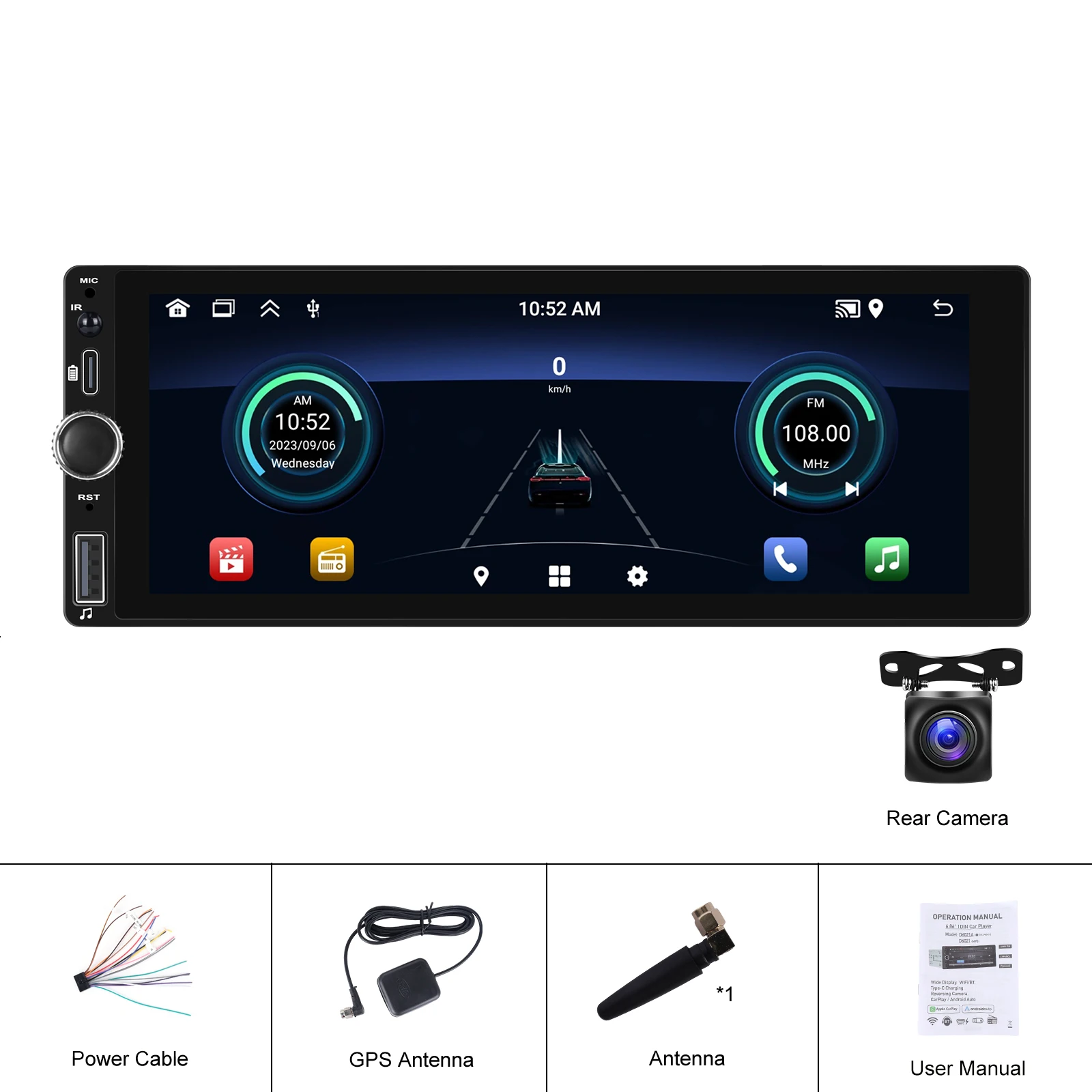 Leekooluu 1 Din 6.86 "Android 13.0 Autoradio Stereo Multimedia Speler 2G 64G Gps Navigatie Bluetooth Wifi Carplay Android Auto