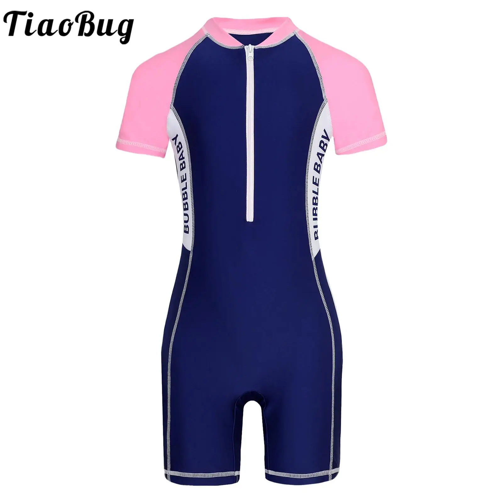 

Kids Girl One Piece Swimsuit Short Sleeve Color Block Letter Print Swimwear for UPF 50+ Sun Protection Rash Guard Bathing Suit