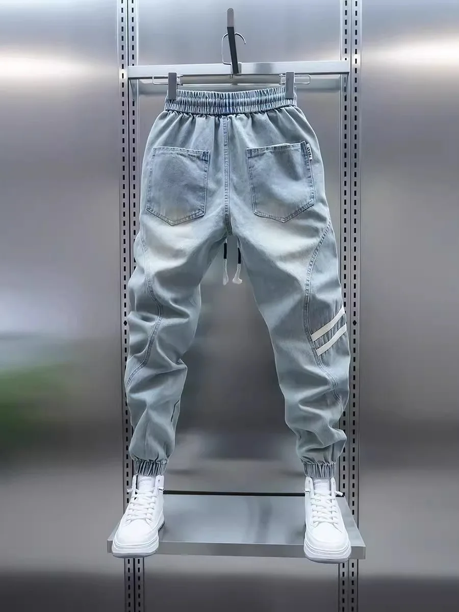 Men's Summer Slim Fit Casual Jeans Light Blue Elastic Waist Loose Leggings mid Waist Zipper Decorated Harajuku Sle Loose Fit